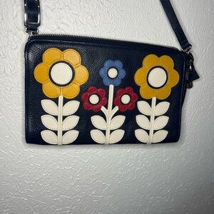 Navy Leather Purse with Floral Appliqué